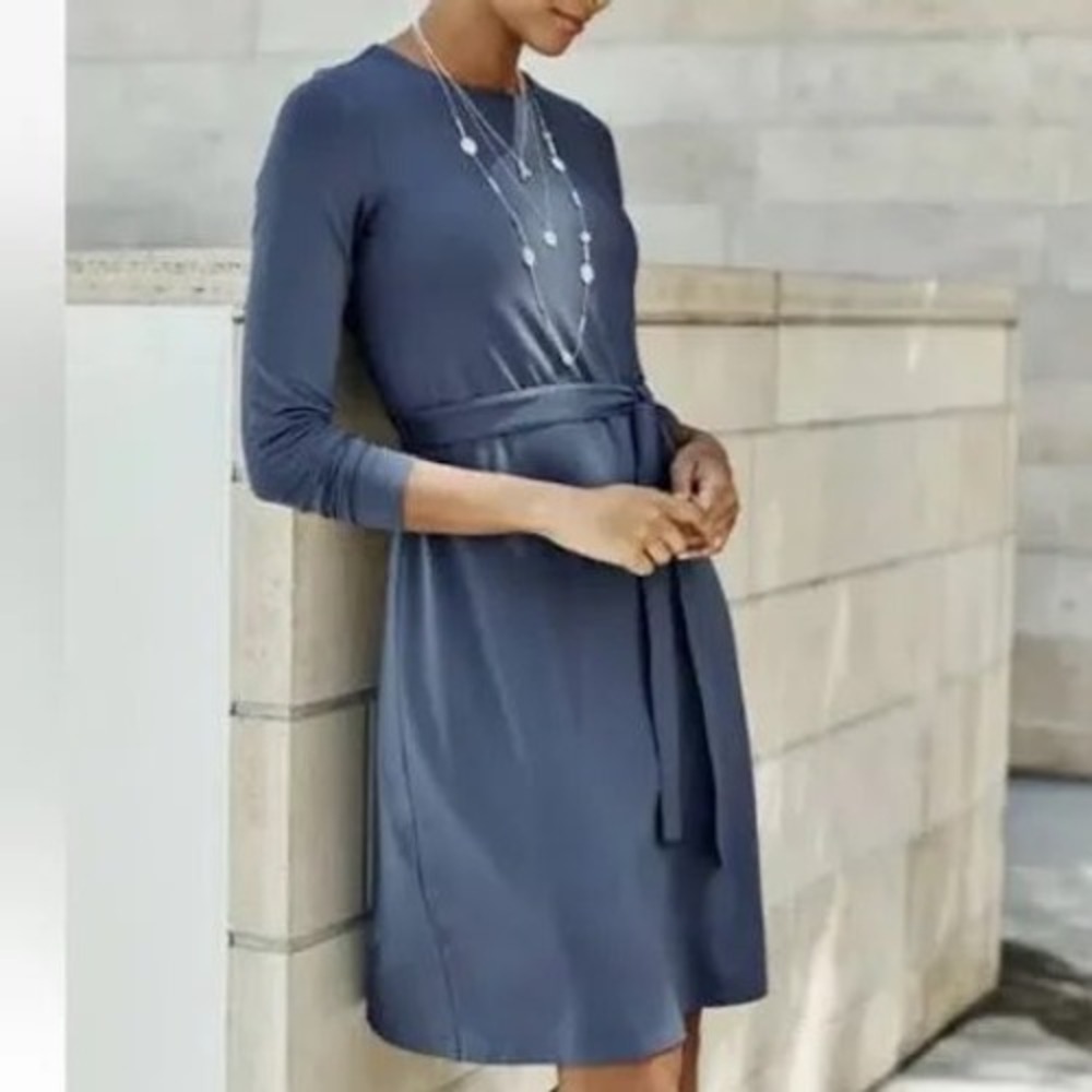 J. Jill‎ Wearever Blue Long Sleeve Belted Jersey Midi Dress Large RN 97641